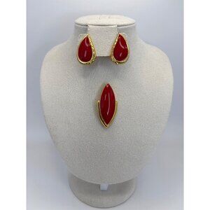 Monet Vintage Gold Tone Red Enamel Tear Drop Clip On Earrings & Brooch